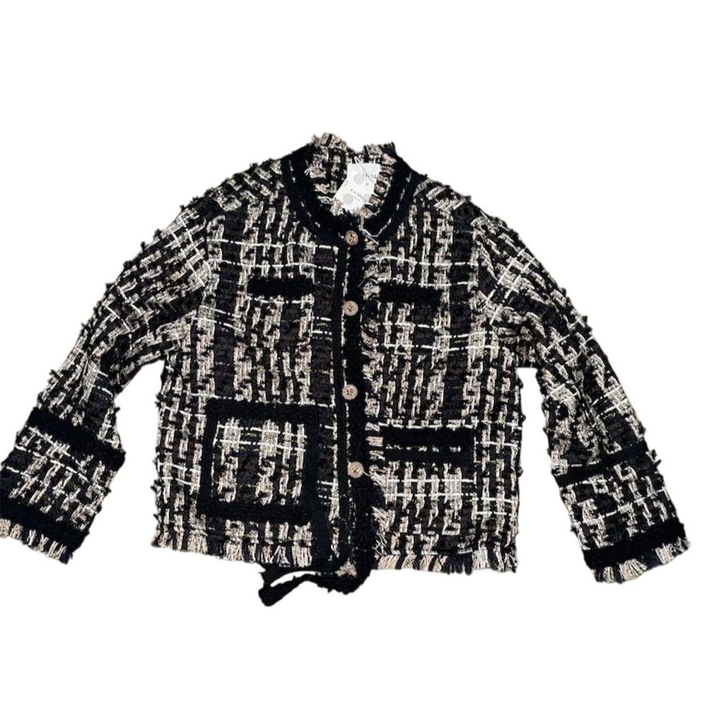 Xin Meng Women's Black Tweed Jacket M Braided Fringe Gold Buttons